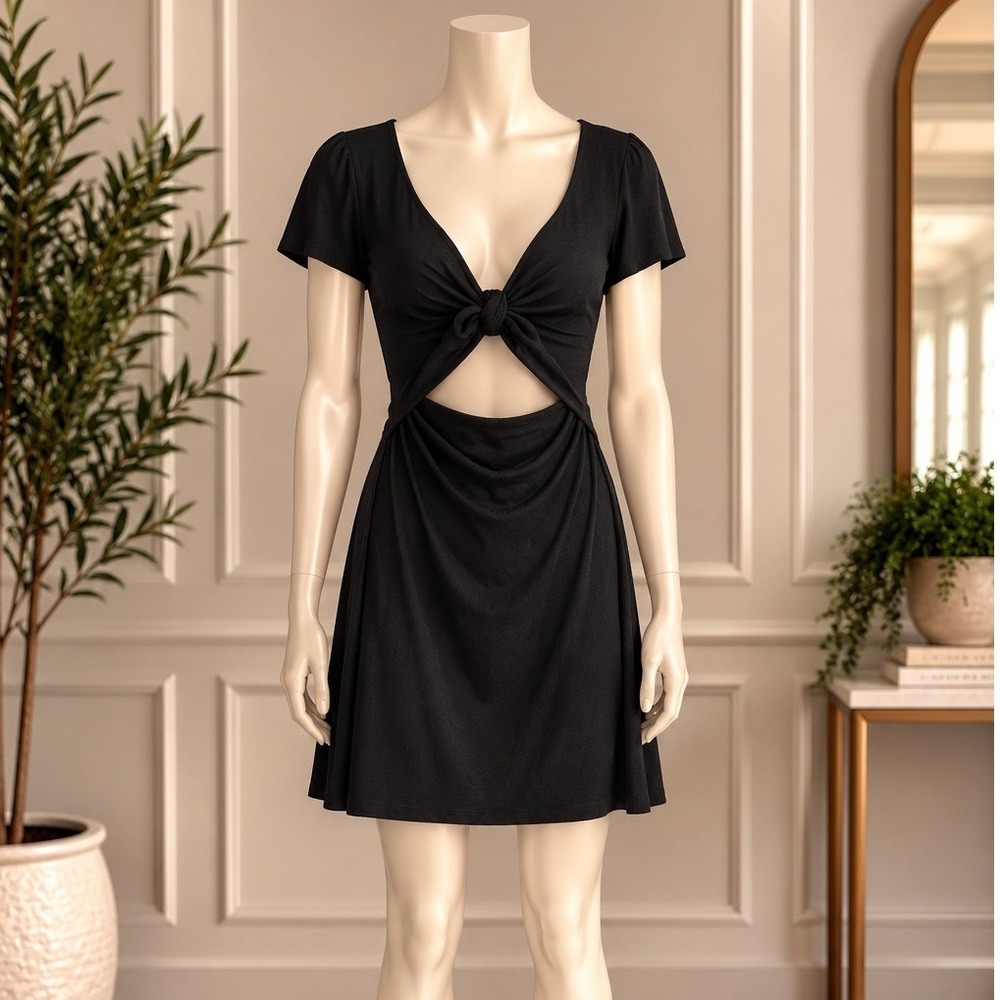 Abound Women Dress Front Cut Out Tie Black Ribbed Size Medium